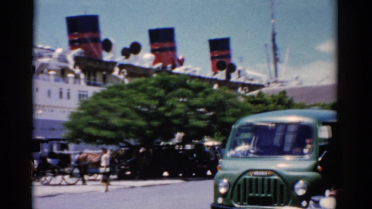1975 Florida street view with a green van passing in front of pedestrians, trees, and a large cruise ship with red-and-black funnels.