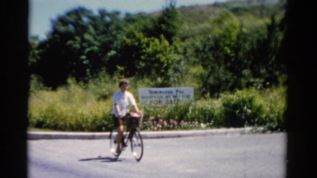 Woman rides a bicycle past roadside greenery and signs on a sunny road.