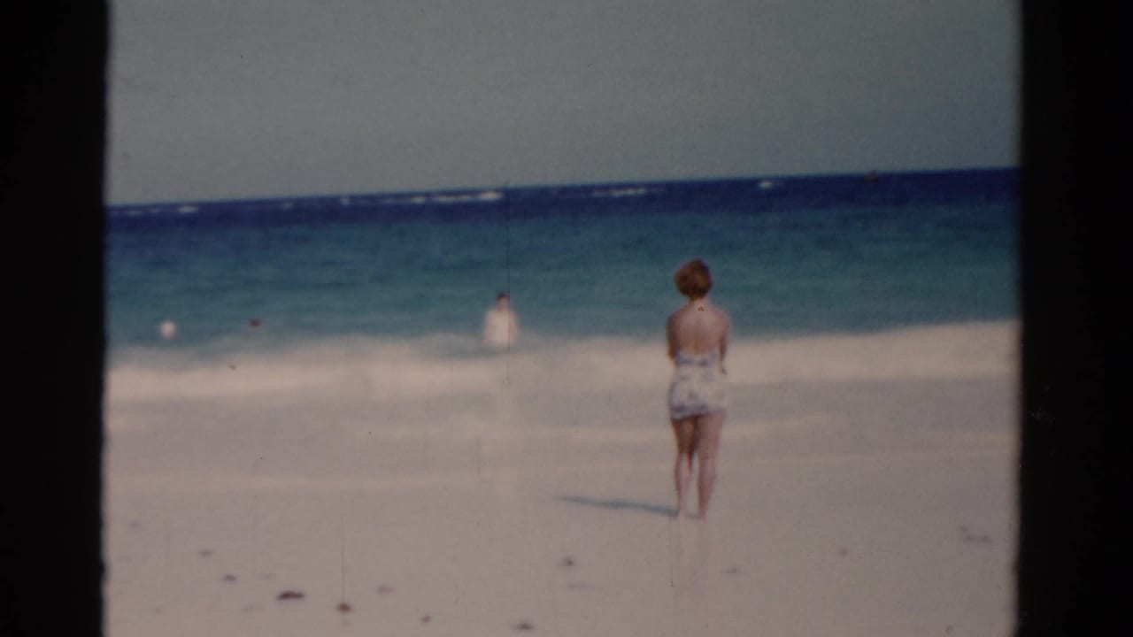 Woman standing on a sandy beach facing the ocean with swimmers in the surf.