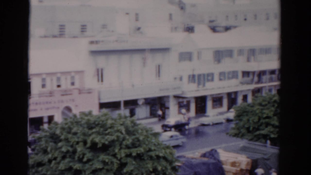 White storefront buildings with trees, cars, and a street seen from above.