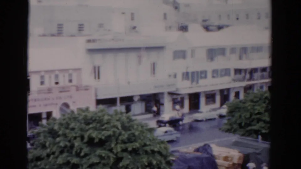 Elevated 1975 Florida street view with white storefronts, shuttered windows, trees, and cars along the curb.