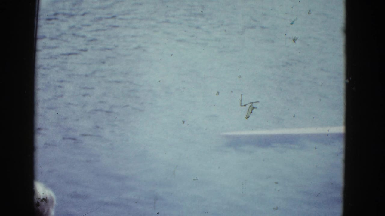 Open river water fills the frame, with a faint pale horizontal object or shoreline detail at right.