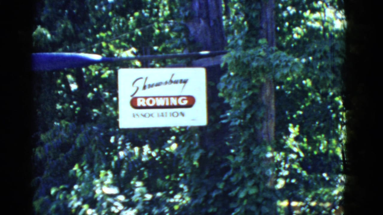 White Shrewsbury Rowing Association sign hanging among green trees with a blue oar above it.
