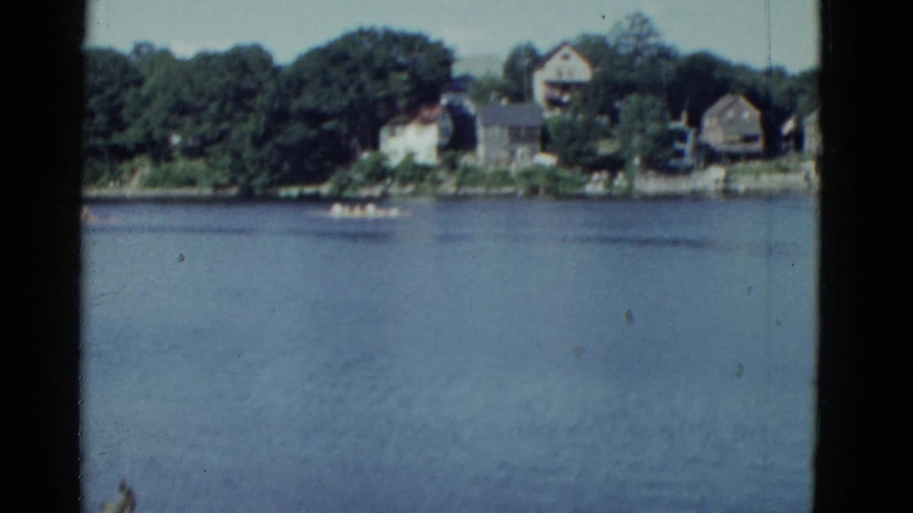 Lake with distant shoreline houses and a small rowboat on the water.