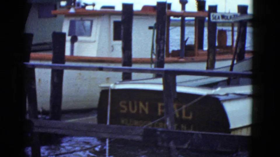 1975 Boston dock view with moored white boats, dark pilings, water, and a partially visible SUN PAL boat sign.