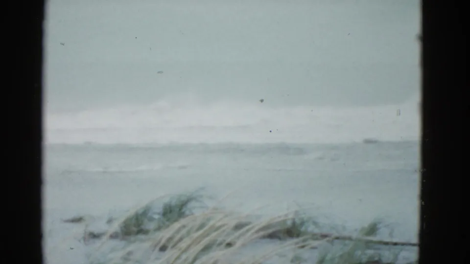 1975 Boston-area 8mm view of a windy shoreline, with beach grass below and soft gray surf under an overcast sky.