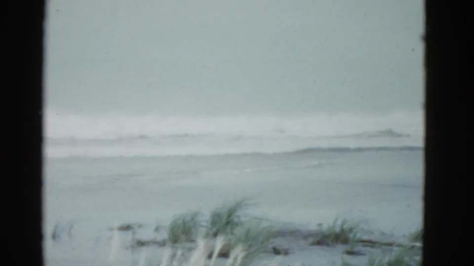 Soft 8mm frame of a windy coastal scene near Boston in 1975, with distant surf, muted sky, and grass along the lower edge.
