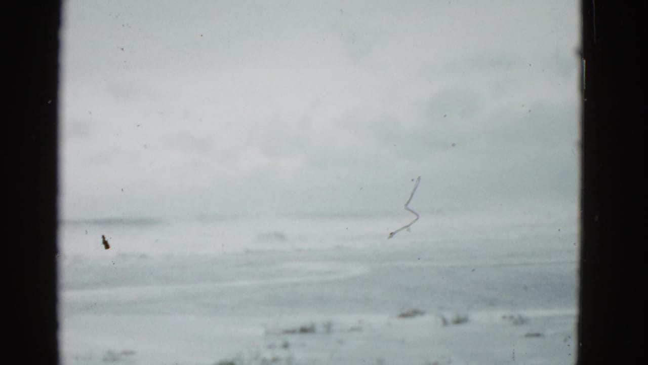 1975 Boston-area 8mm still of a broad frozen lake, soft horizon, gray sky, and prominent scan dust and scratches.