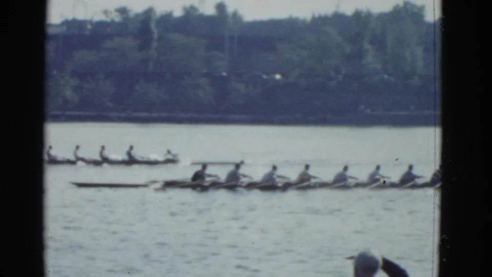 1975 Boston 8mm frame with multiple rowing shells on the water, oars extended as teams pass near a tree-lined shore.