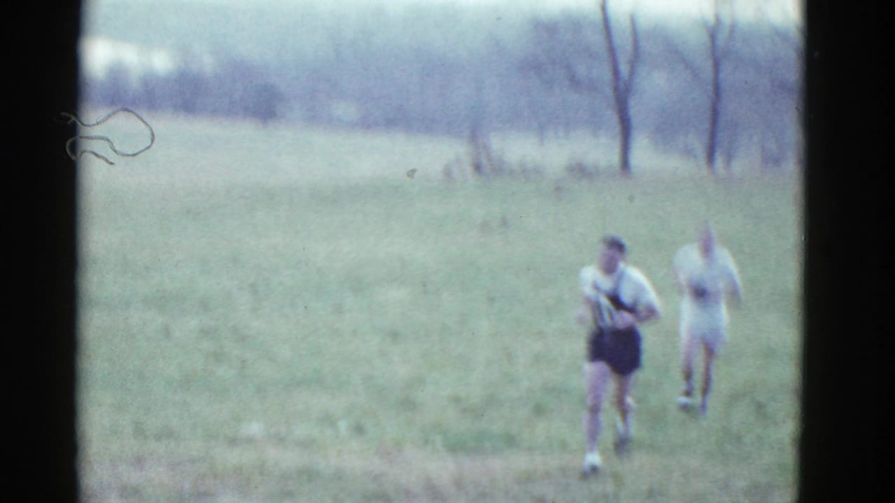 Two runners move across a grassy field during a cross-country race.