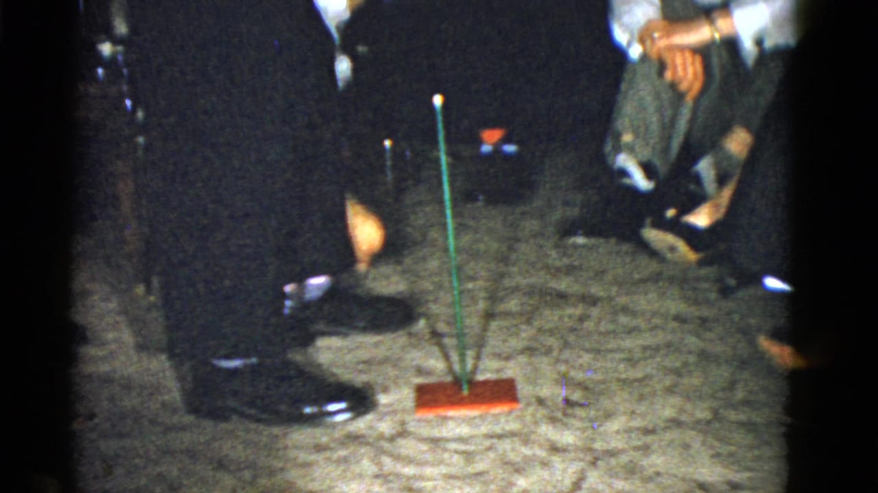 Guests watch a green stick on a red base set on a carpeted floor.