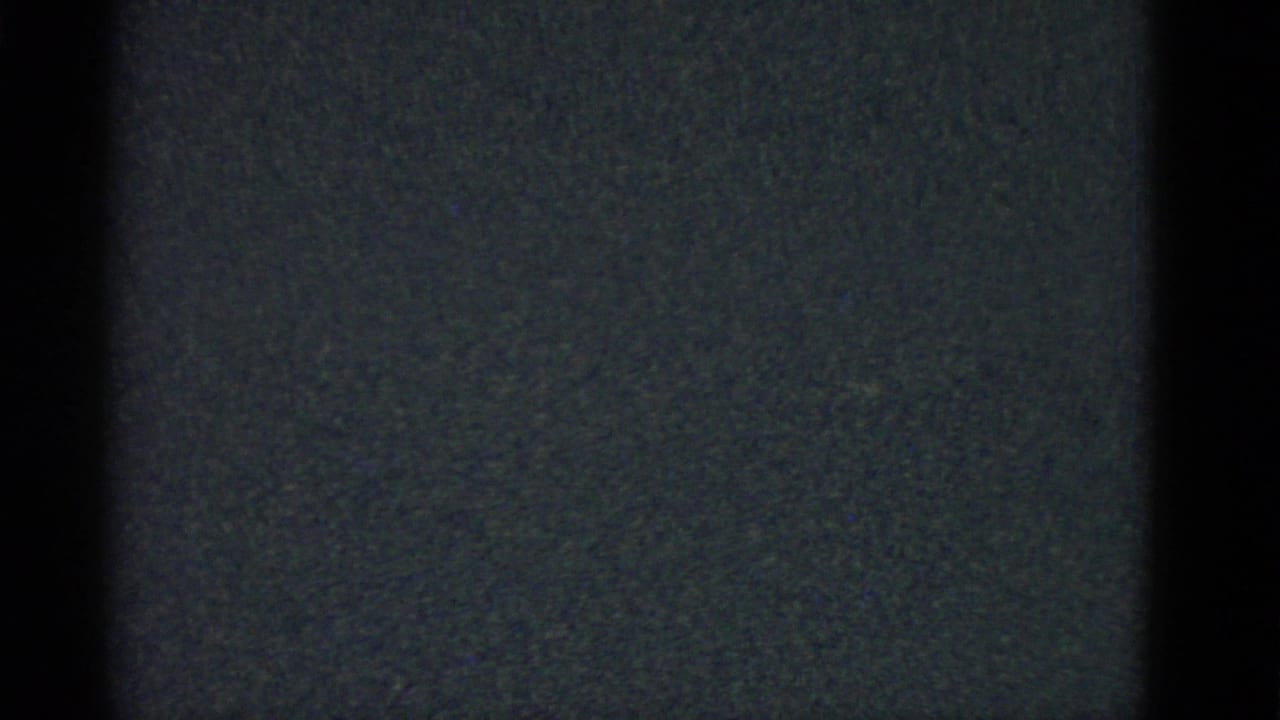 Dark grainy frame with vertical black bands and a muted blue-gray field.