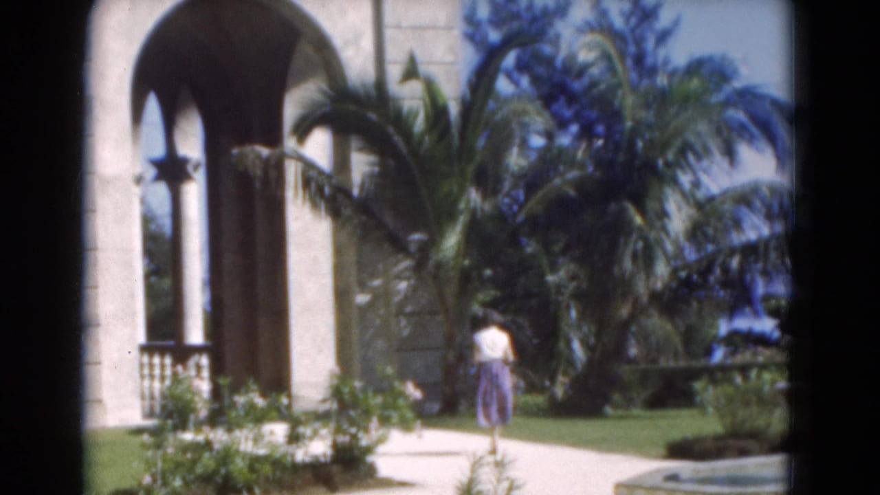 Woman walks away along a garden path bordered by palms and flowers.