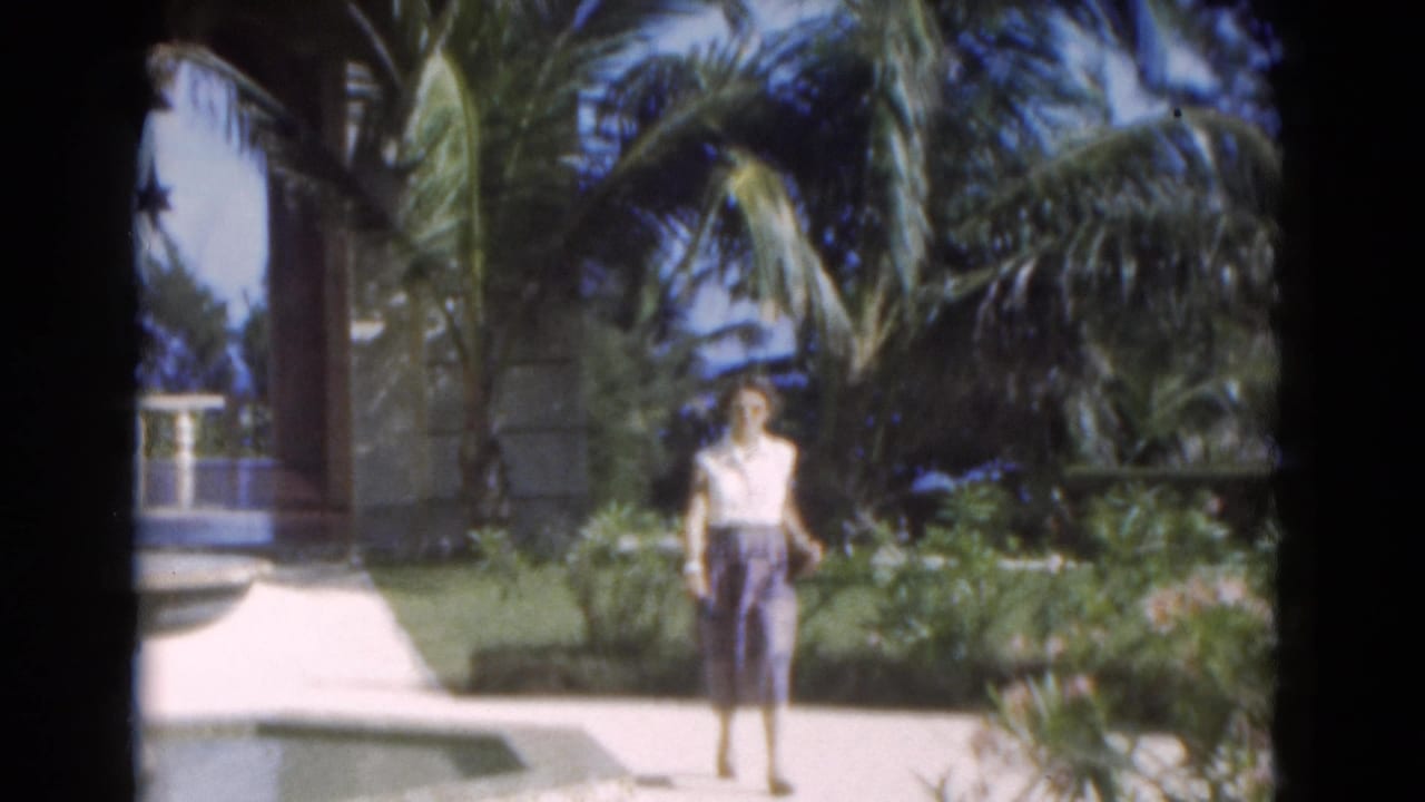 Woman stands farther back on a paved garden path with palm trees and a fountain nearby.