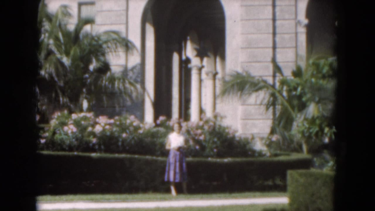 Woman in a white top and purple skirt standing near hedges before arched stone architecture.