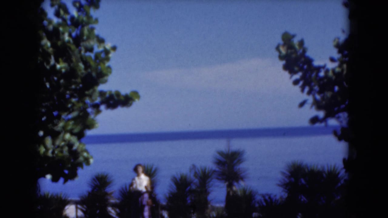 Woman standing or walking near foliage with a blue ocean horizon behind her.