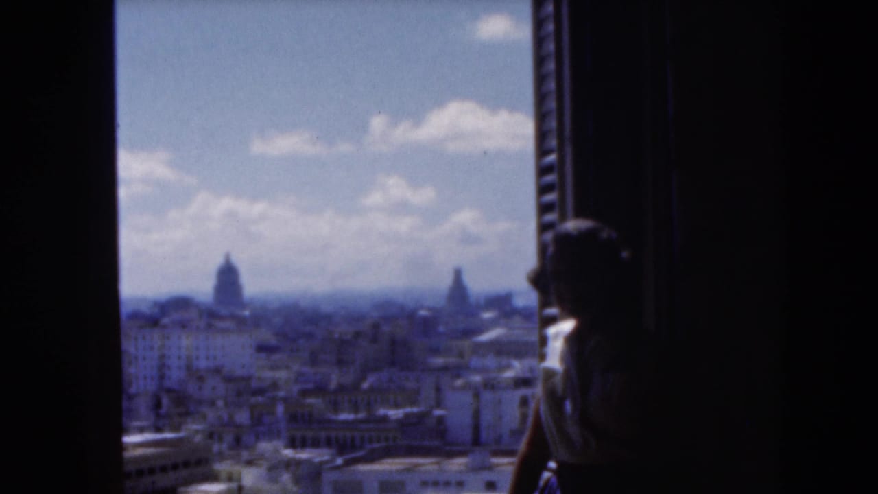 Woman seated in a dark window frame looking over a city skyline and blue sky.