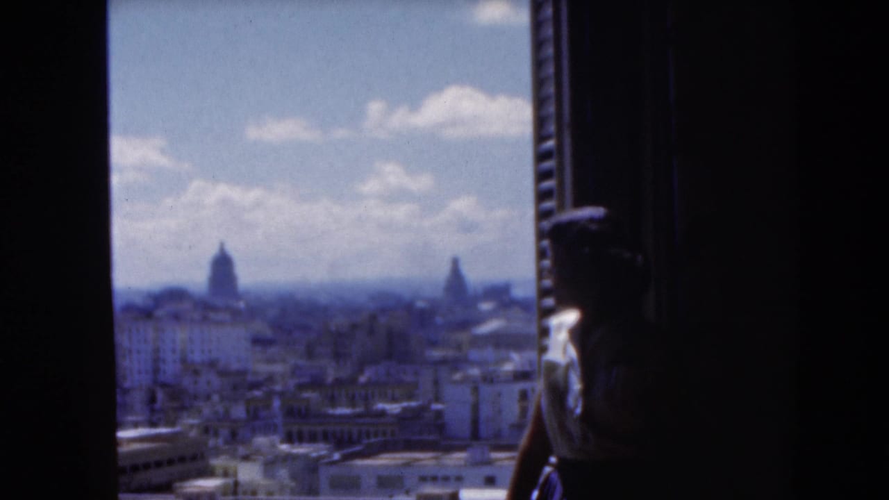 Woman at the edge of a window looking toward city buildings beneath a bright sky.