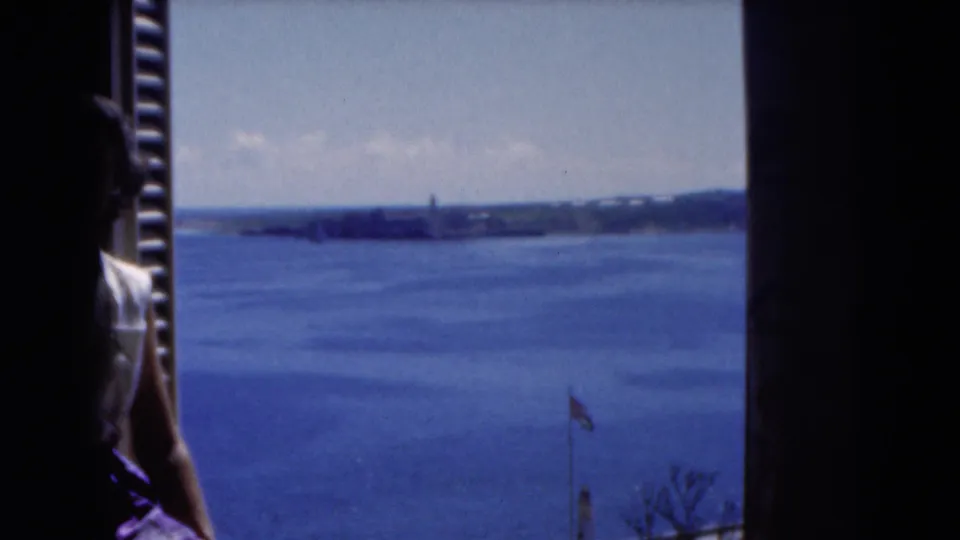 At the end of the clip, the waterfront dominates while the woman is mostly obscured in the shaded window area.