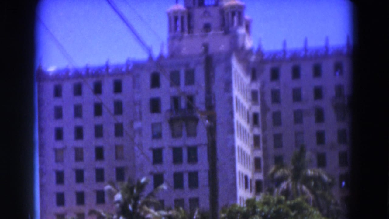 Tall white building facade with rooftop tower above palm trees.
