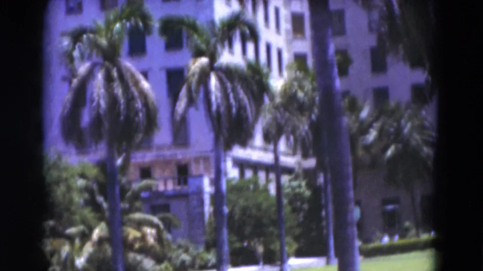 A white Florida building appears behind palm trunks and landscaped greenery in a soft, handheld 8mm frame.