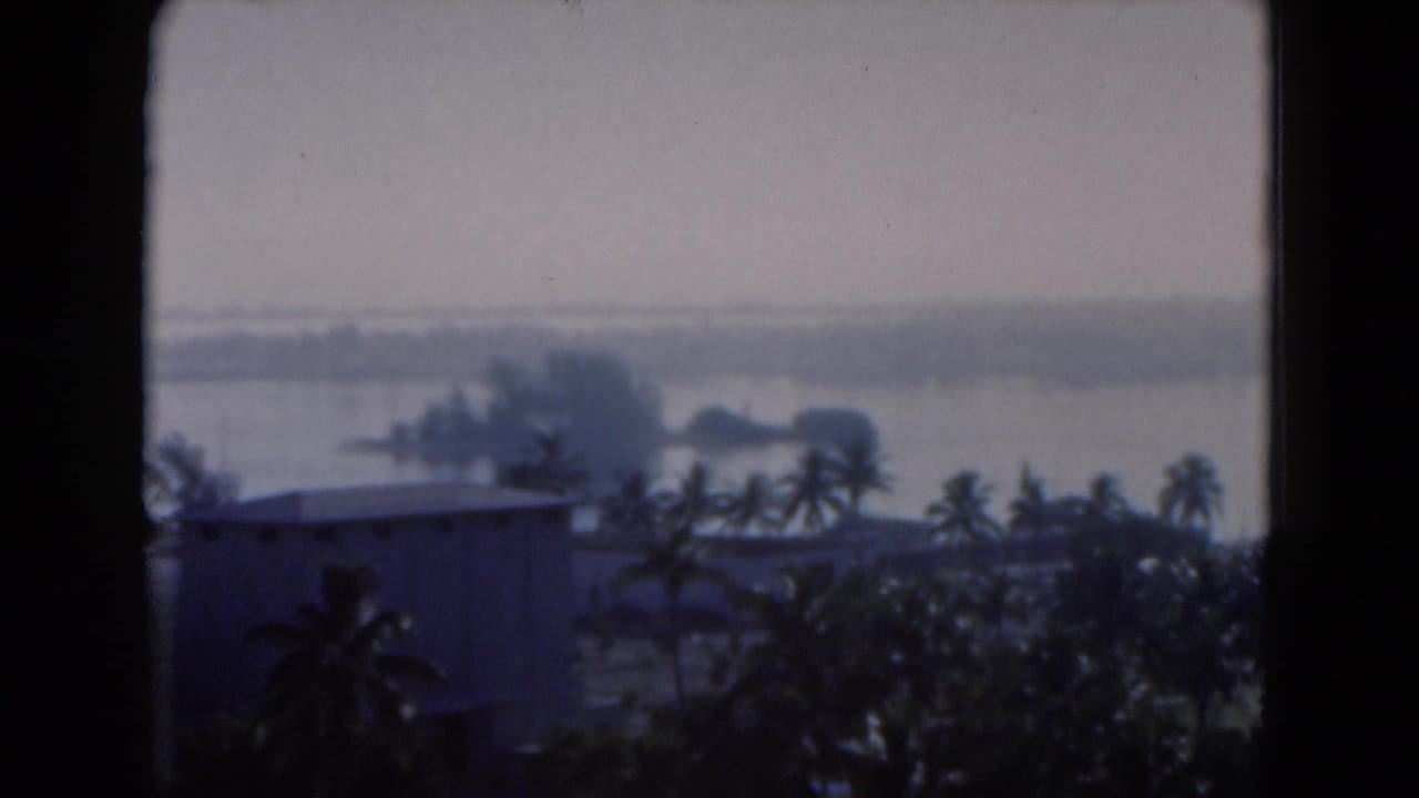 1975 Florida 8mm frame showing palms, a low building, water, and distant shoreline through a window.