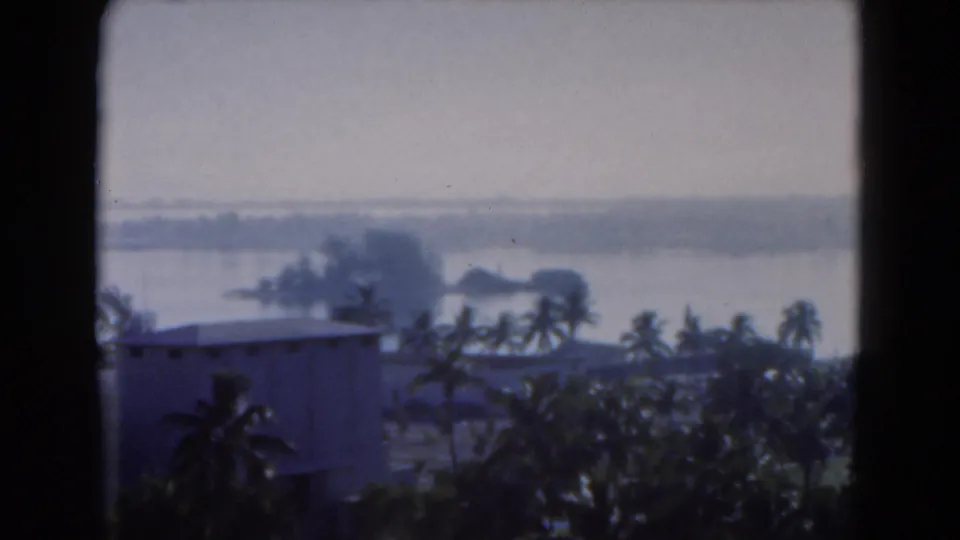 Florida home-movie view of palms, water, shoreline, and low waterfront buildings in soft 8mm color.