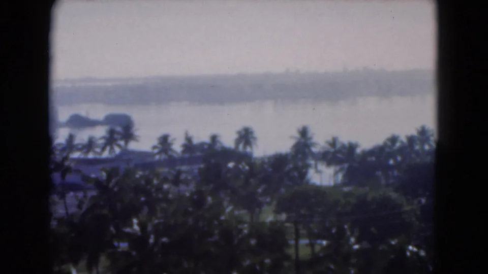 A 1975 Florida 8mm frame shows palms and lawns below a hazy body of water and far shoreline.