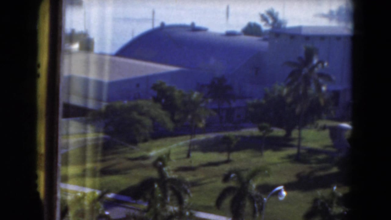 1975 Florida 8mm frame showing a sunlit tropical garden with palms and a large domed building beyond the window.