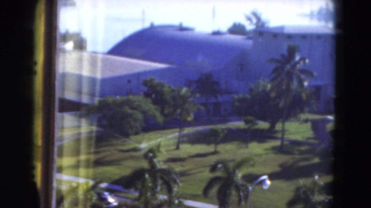 1975 Florida home-movie frame looking through a window at palms, lawn, and a large pale building with a domed roof.