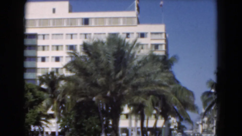 A pale multi-story Florida building appears behind palm trees in a sunny 1975 exterior view.