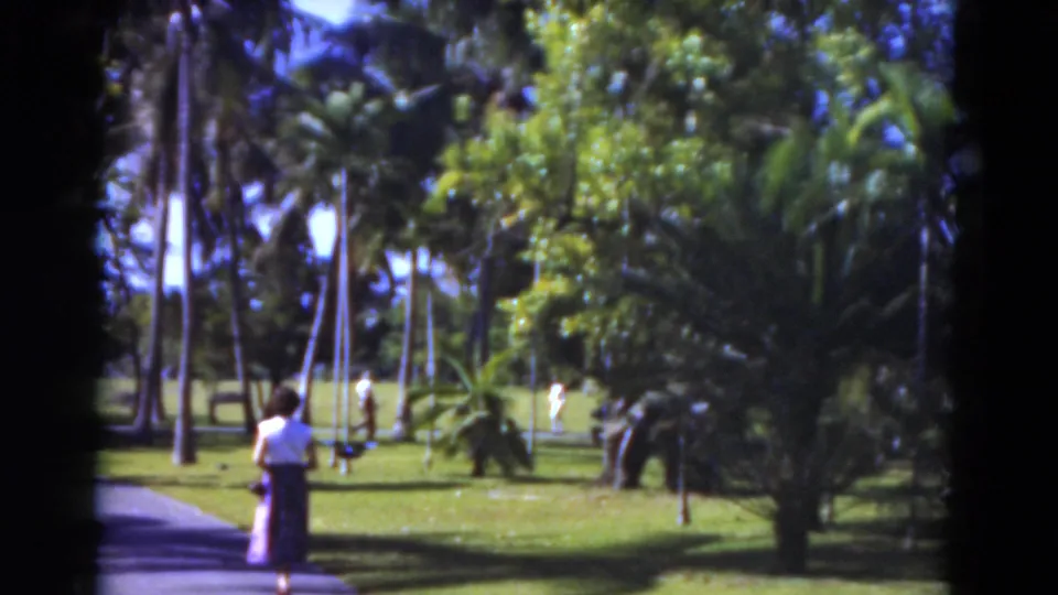 1975 Florida home-movie frame of a woman in a light top and dark skirt walking through a palm-lined green park.