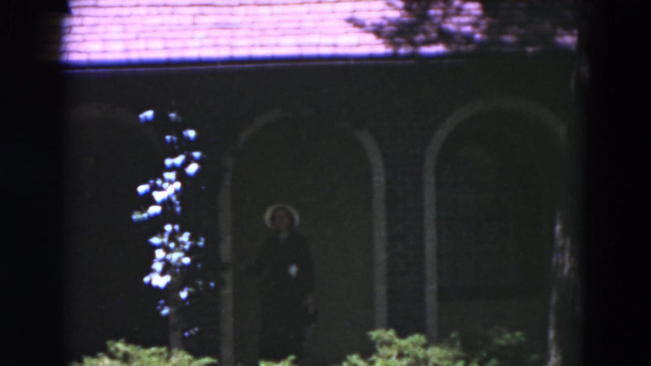 Woman in a wide-brimmed hat stands near arched architecture and garden foliage.