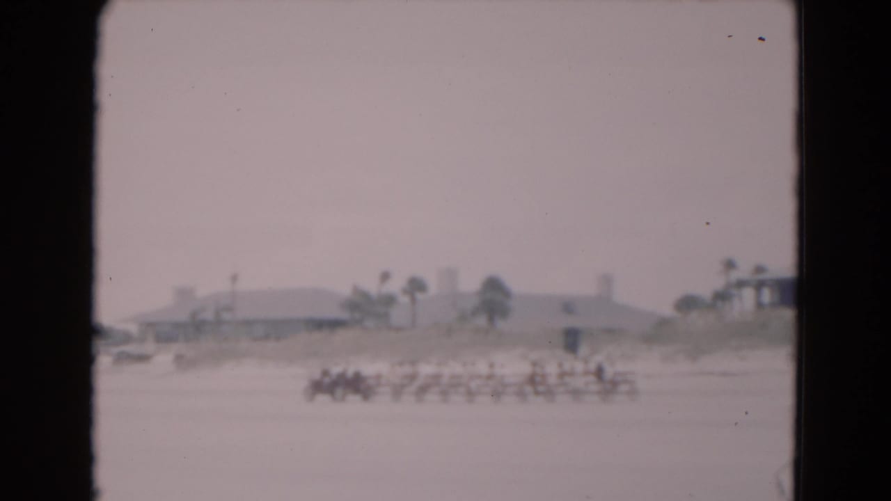Distant beachgoers seated in a row on sand with low buildings and palm trees behind them.
