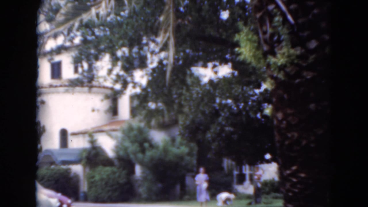 1975 8mm Florida home-movie frame showing a white stucco house, palm trees, shrubs, and a woman with a small dog on the lawn.
