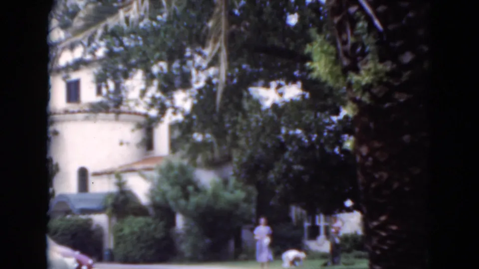 1975 8mm Florida home-movie frame showing a white stucco house, palm trees, shrubs, and a woman with a small dog on the lawn.