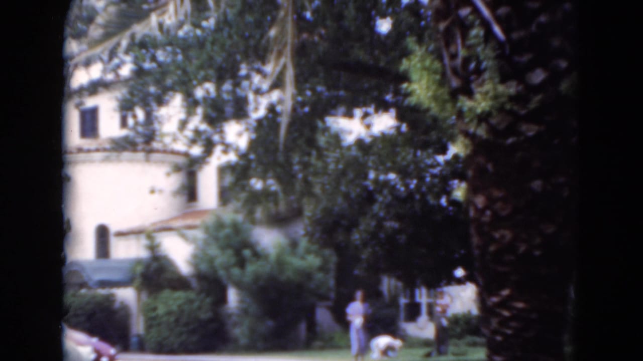 Florida estate grounds in a 1975 8mm frame, with a white stucco house, palms, heavy greenery, distant figures, and a small dog.