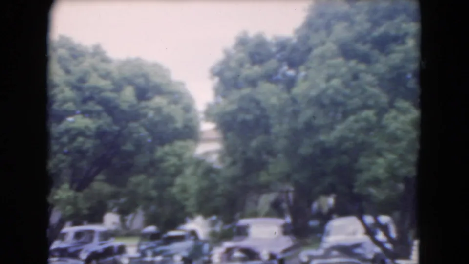 Soft 8mm view of a Florida suburban street in 1975, with parked cars beneath mature trees.