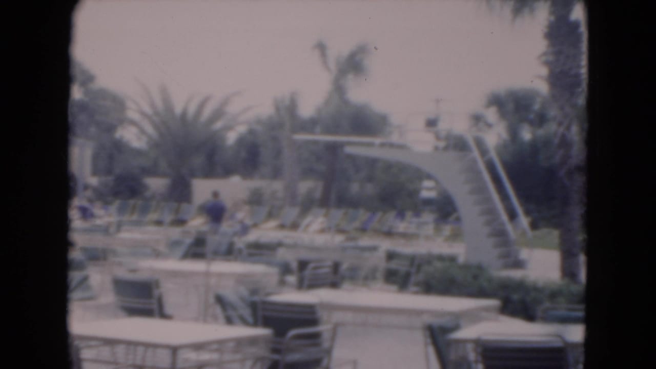 Resort pool deck with lounge chairs, palm trees, and a curved stairway to a diving board.