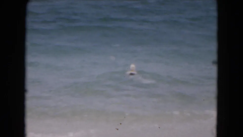 The swimmer appears farther from shore, partly submerged in blue-green surf in 1975 Florida beach footage.