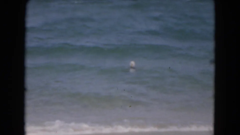 A distant swimmer appears in rolling Florida surf in this soft, grainy 1975 8mm home-movie frame.