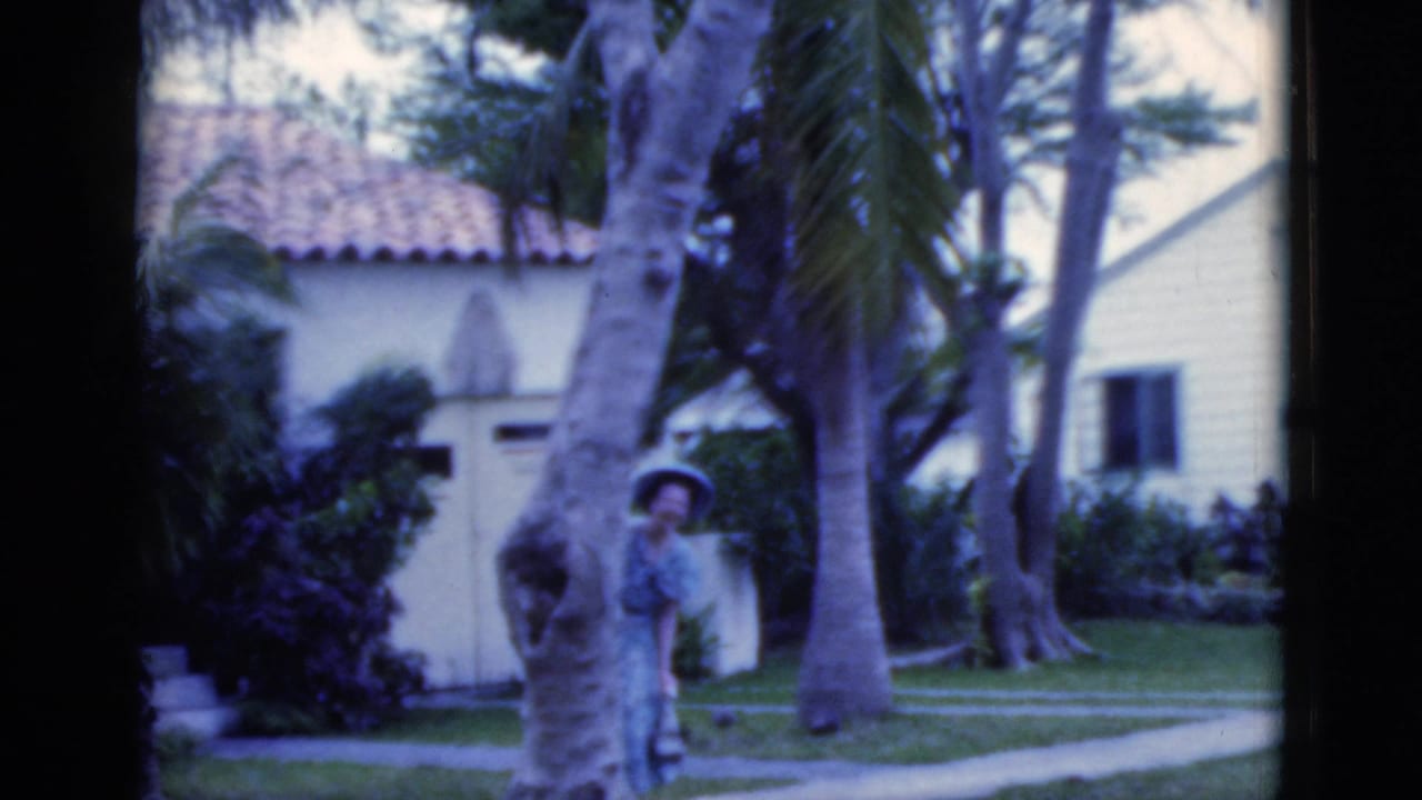Woman standing behind a palm trunk with a stucco house and tropical plants behind her.