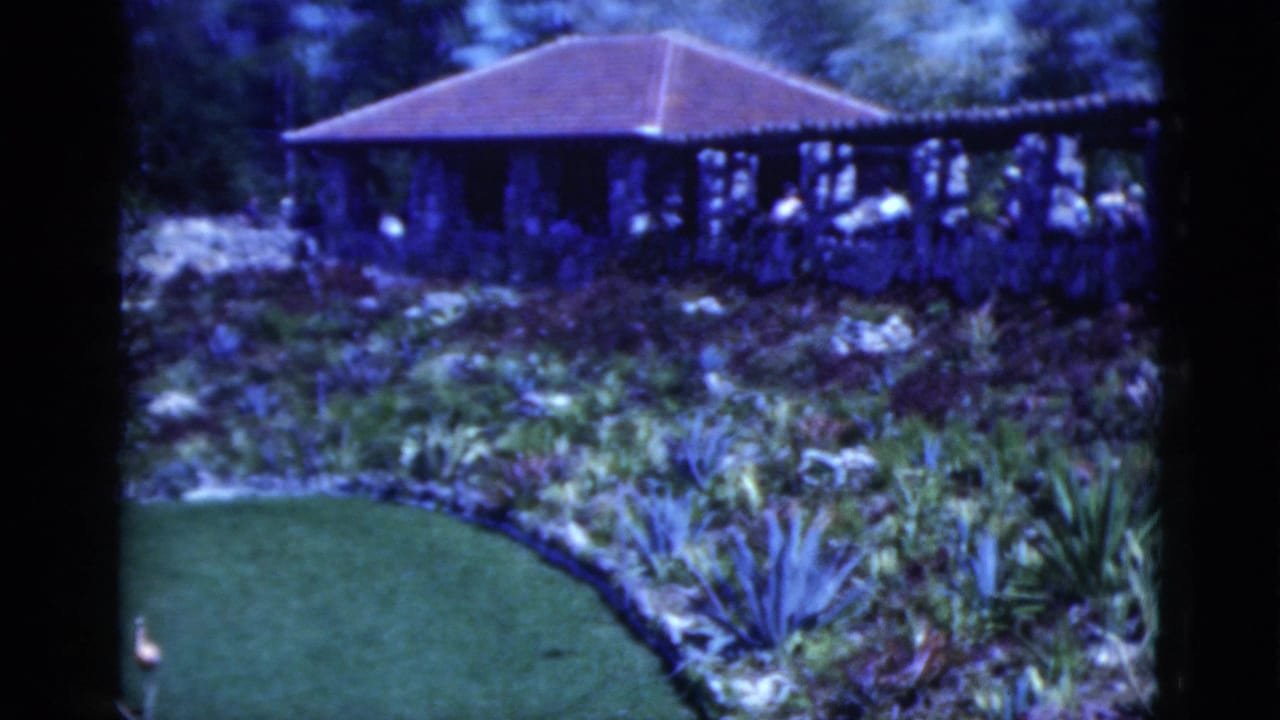 1975 Florida home-movie frame showing a red-roofed pavilion, stone terrace, visitors, tropical plantings, and a curved lawn edge.