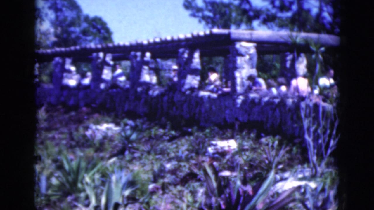 1975 Florida 8mm frame showing people near a stone pergola with dense tropical planting and trees in the background.