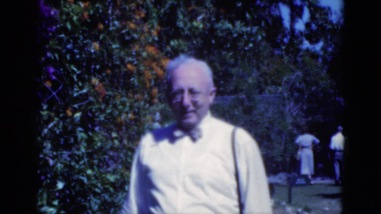 Man in a white shirt and bow tie stands in a garden with foliage and orange blooms behind him.