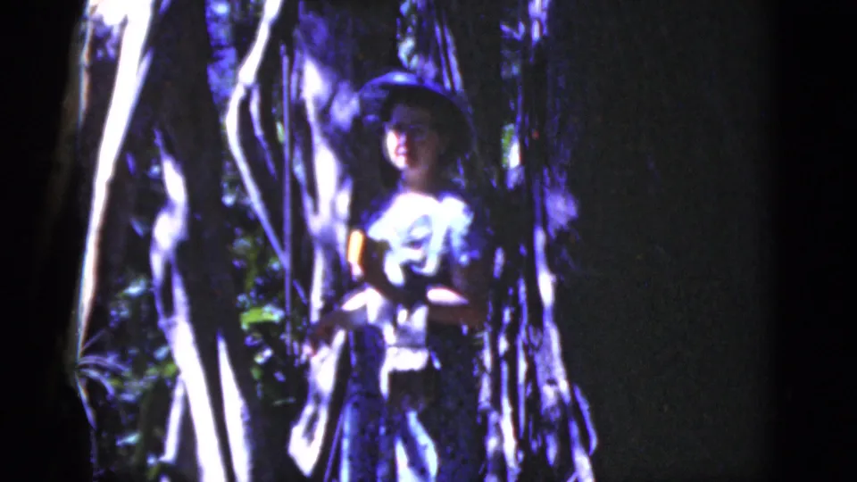 The woman, wearing a light dress and hat and carrying a handbag, is framed among sunlit tree trunks in Florida, 1975.