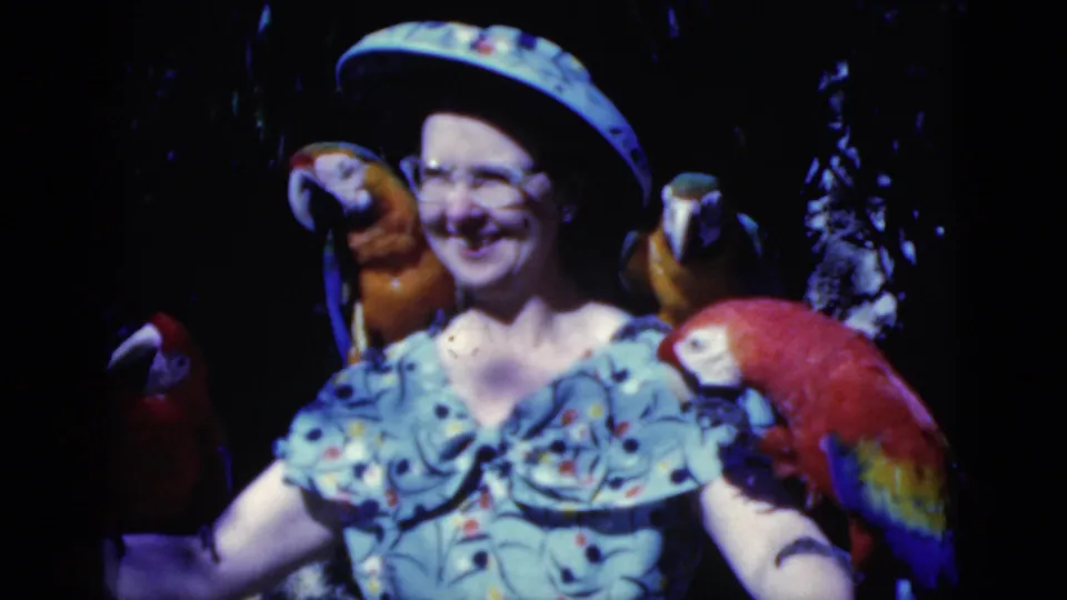 The final frame shows the smiling woman in a wide hat with red and yellow macaws perched beside her in dark tropical surroundings.