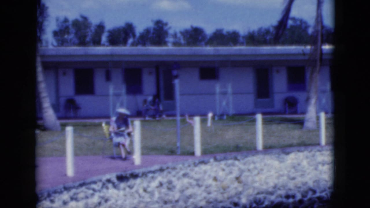 1975 Florida motel or resort scene with a woman seated outdoors near a walkway and palm trees.