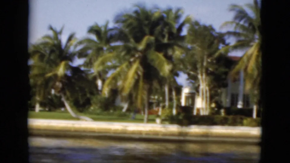 1975 Florida canal scene with palms, manicured lawn, seawall, water, and a white waterfront residence partly visible through trees.