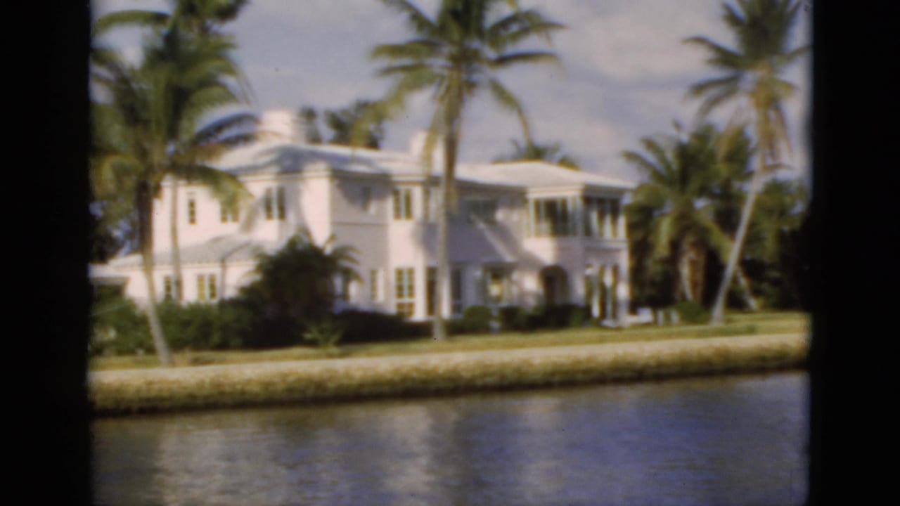 Large white waterfront house behind a sea wall with palm trees and water in front.